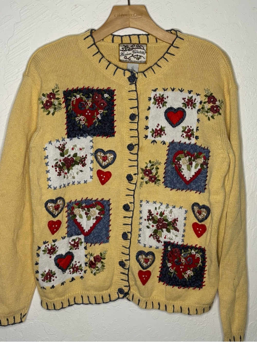 Vtg Heirloom Collectibles Cardigan Yellow Women L Heart Floral Knit Cottage Gran
